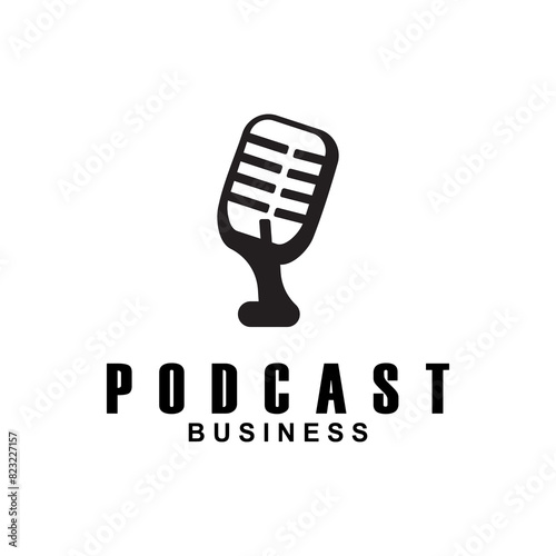 Podcast with microphone. Unique business podcast logo emblem design template.