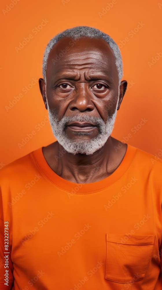 Orange background sad black American independent powerful man. Portrait of older mid-aged person beautiful bad mood expression isolated on background racism skin