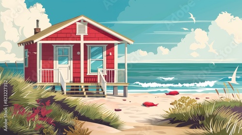 A Cozy Beach Cottage With A Porch Overlooking The Ocean, Cartoon ,Flat color