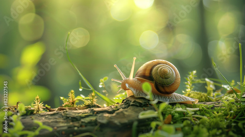 A snail in the forest in summer crawls through a log