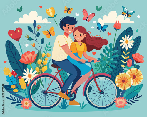A boy and girl ride a bicycle, hugging each other amidst a garden filled with flowers, love signs, and butterflies. scene captures the essence of summer vibes, perfect for World Bicycle Day vector