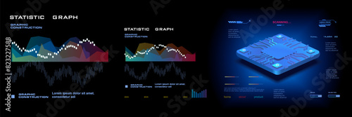 The principle of operation of the central processor. Modern powerful new generation processor. Conceptual cyber banner with HUD elements. Stream processing of information by the CPU