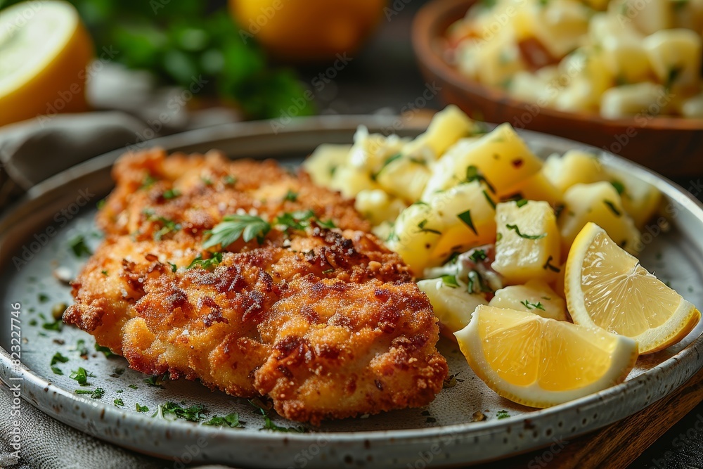 Schnitzel - Breaded and fried pork or veal cutlet with lemon wedges and potato salad. 