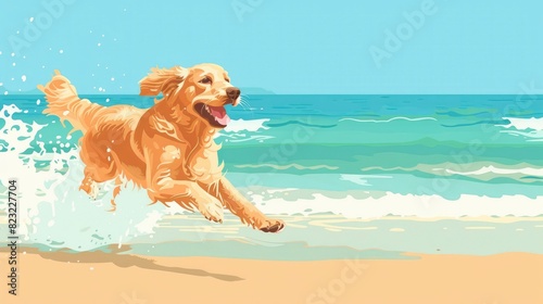 A Dog Happily Running Along The Beach, Splashing In The Shallow Waves, Cartoon ,Flat color