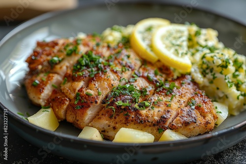 Schnitzel - Breaded and fried pork or veal cutlet with lemon wedges and potato salad. 