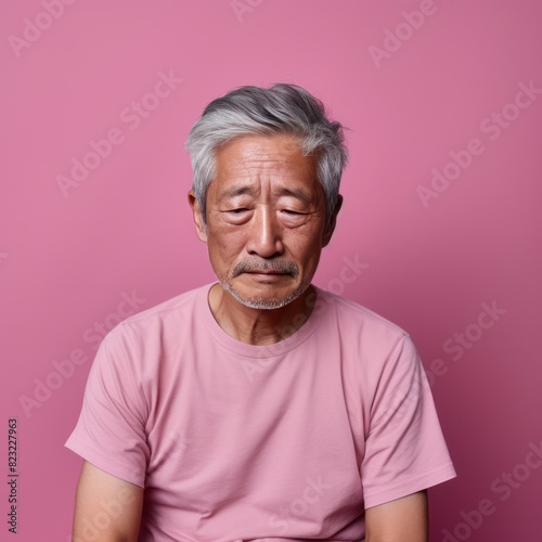 Pink background sad Asian man. Portrait of older mid-aged person beautiful bad mood expression boy Isolated on Background depression anxiety fear burn out health