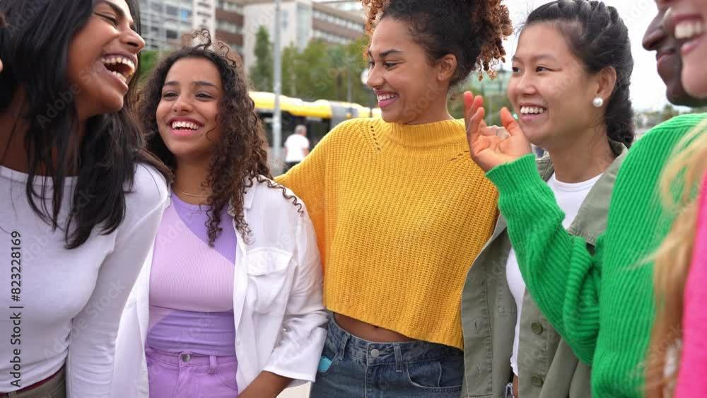 Multi ethnic group of young women hugging outside - Happy girlsfriends having fun laughing out loud on city street - Female community concept with cheerful girls standing together	

