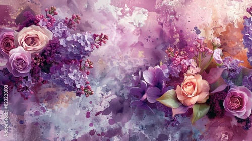 Beautiful expressive floral artwork featuring purple and pink flowers with a dynamic splash ink background  creating a vibrant and artistic composition. Summer flowers concept.
