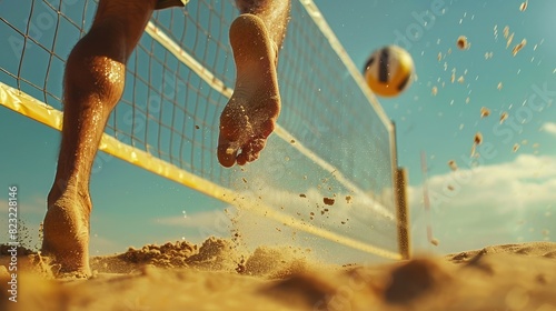 Close-up of a beach volleyball player's feet as they jump to serve the ball over the net photo