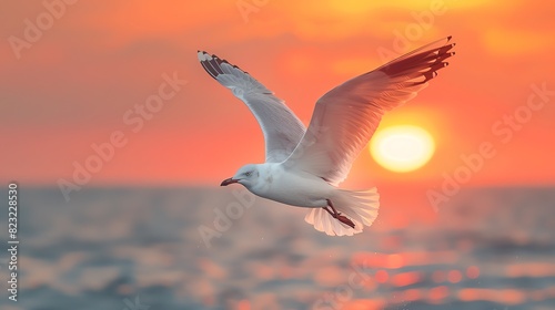 A seagull soars above the ocean waves at sunset photo
