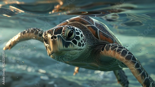 Animated Sea Turtle Swimming in Ocean, Realistic and Captivating Marine Life Representation.