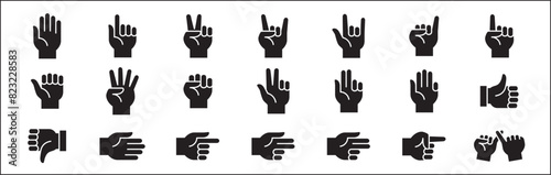 Hands gesture icon set. Hand finger signs set. Hands fingers symbol. included icons as palm, fist, bull, index, pinky, thumb up, counting and peace. Vector stock illustration in flat style.