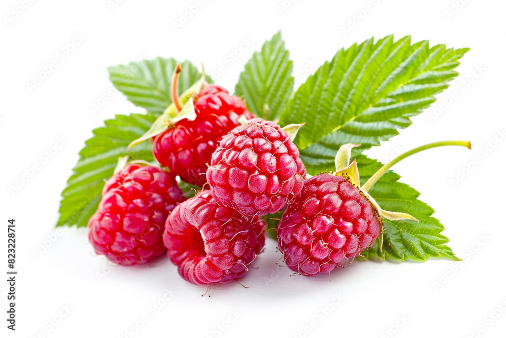 Vibrant Raspberry with Green Leaf Isolated on White Background Vibrant Raspberry with Green Leaf Isolated on White Background