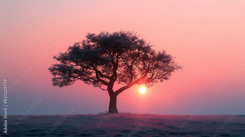 Generate a high quality image of a tree with a sunset in the background. The tree should be in focus and the sunset should be blurred.