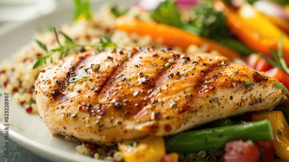Close-up of a grilled chicken breast served with steamed vegetables and quinoa, a balanced meal for health