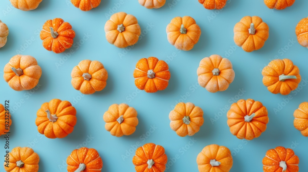 Top view of small, cute orange pumpkins arranged in a neat pattern on a blue background. Perfect for autumn, harvest, and Halloween themes.