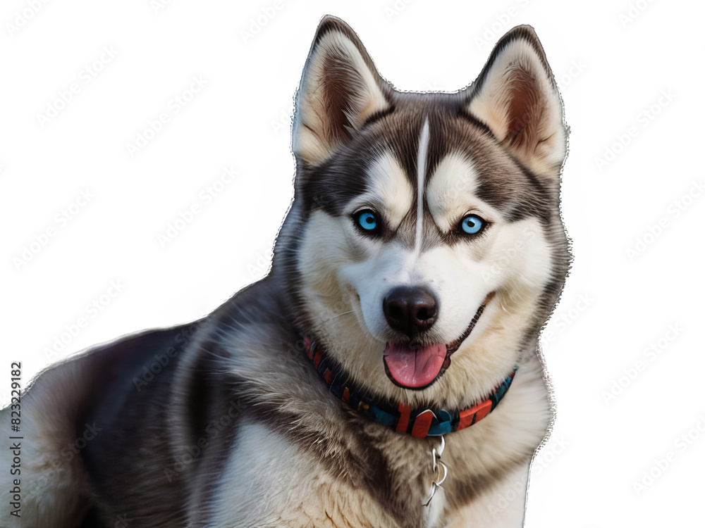 Obraz premium Funny and playful husky or pet dog is playing and jumping and looks happy isolated on transparent background. Little husky dog pretending. Cute and happy crazy dog head smiling on transparent png