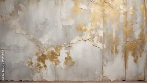 Antique wall with distressed paint in shades of white, gray, cream, ivory, and gold. Gorgeous old-fashioned, distressed, and luxurious metal surface. Vintage, worn-out, and ancient texture backdrop. photo