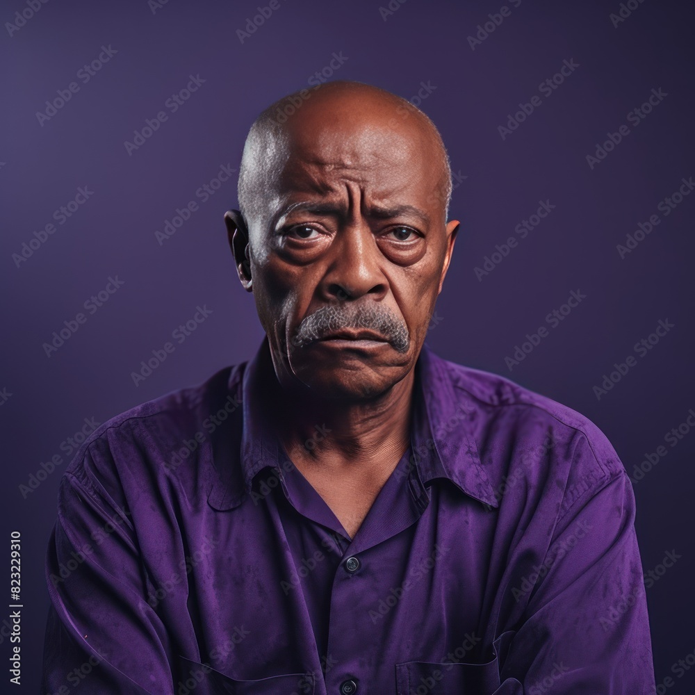 Purple background sad black American independent powerful man. Portrait of older mid-aged person beautiful bad mood expression isolated on background racism