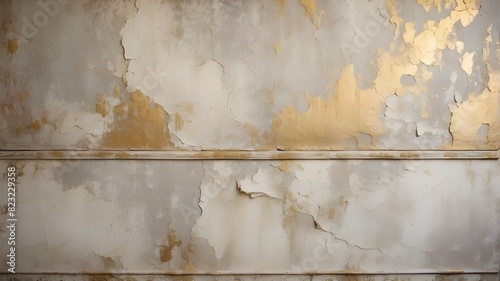 Antique wall with distressed paint in shades of white, gray, cream, ivory, and gold. Gorgeous old-fashioned, distressed, and luxurious metal surface. Vintage, worn-out, and ancient texture backdrop. photo