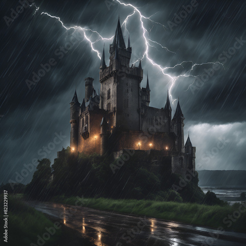 castle in the dark with lightning illuminating the sky