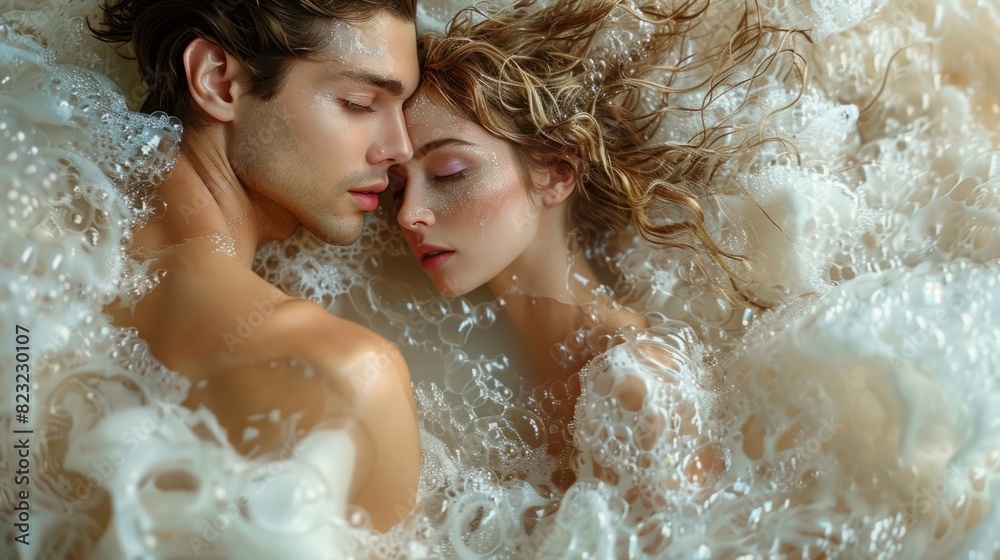 Romantic couple embracing in a bubble bath, exuding intimacy and tenderness. The couple are surrounded by foam and bubbles, creating a dreamy, ethereal atmosphere. Romantic couple embracing in a bubble bath, exuding intimacy and tenderness. The couple are surrounded by foam and bubbles, creating a dreamy, ethereal atmosphere.