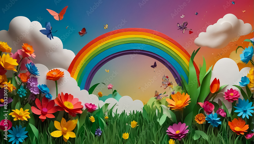 Beautiful illustration with flowers, rainbow in paper style sky