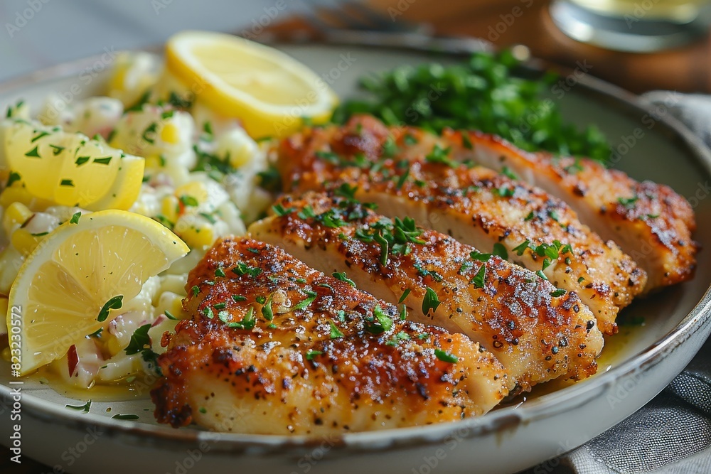 Schnitzel - Breaded and fried pork or veal cutlet with lemon wedges and potato salad. 