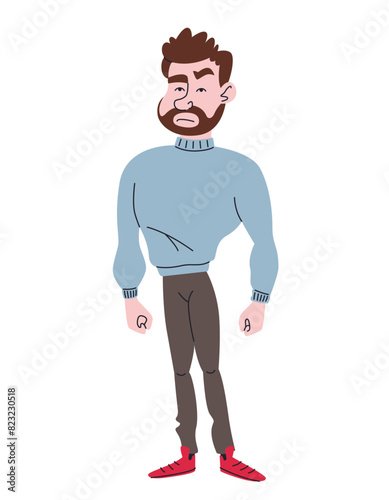 Standing disgruntled man. Man in doodle style.