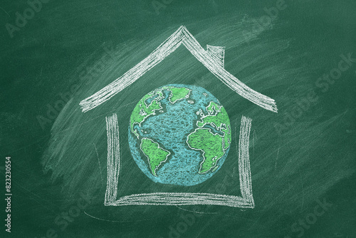 A chalk drawing of Earth is encased within a house outline on a green classroom chalkboard, symbolizing global unity. Earth is our home.