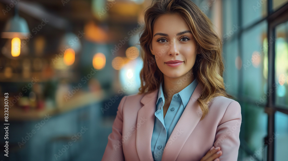 Obraz premium Confident businesswoman in a pink blazer standing in a modern office.