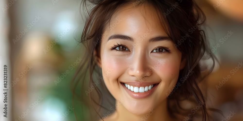 Closeup of a radiant Asian woman with flawless smile perfect for advertising and web design. Concept Beauty, Asian Model, Closeup Portraits, Flawless Smile, Web Design Closeup of a radiant Asian woman with flawless smile perfect for advertising and web design. Concept Beauty, Asian Model, Closeup Portraits, Flawless Smile, Web Design