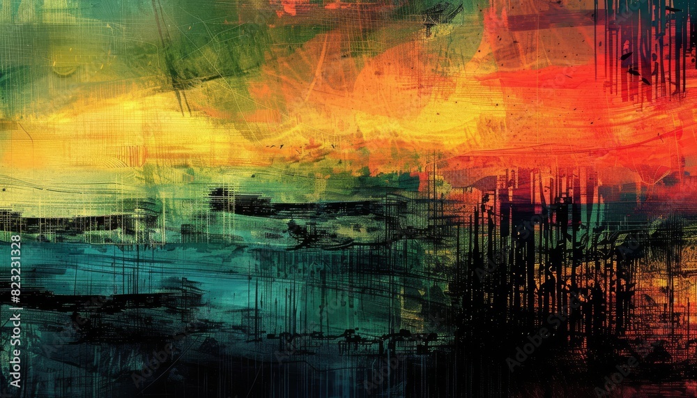 Obraz premium Techno Fusion: Dynamic Abstract Digital Artwork with Intricate Textures and Luminous Colors