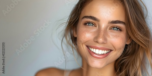 Smiling supermodel with natural makeup posing confidently against grey studio backdrop. Concept Fashion Photography, Model Portraits, Studio Photoshoot, Natural Makeup, Confident Poses photo