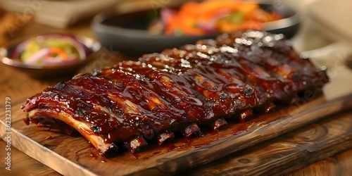 Traditional American dish sticky spicy BBQ pork ribs on a wood board. Concept American Cuisine, BBQ Ribs, Sticky Spicy Sauce, Wood Board Presentation, Traditional Dish photo