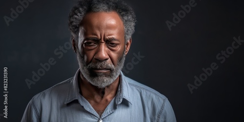 Silver background sad black American independent powerful man. Portrait of older mid-aged person beautiful bad mood expression isolated  © Zickert