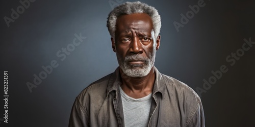Silver background sad black American independent powerful man. Portrait of older mid-aged person beautiful bad mood expression isolated  © Zickert
