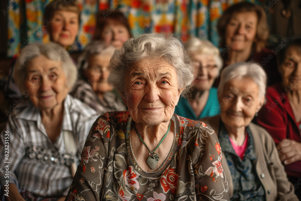 Elderly Woman Smiling with Friends in Nursing Home Group Portrait. Elderly Woman Smiling with Friends in Nursing Home Group Portrait.