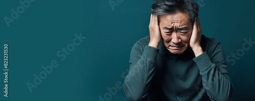 Teal background sad Asian man. Portrait of older mid-aged person beautiful bad mood expression boy Isolated on Background depression anxiety fear burn out health issue photo