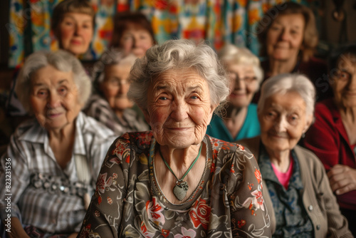 Elderly Woman Smiling with Friends in Nursing Home Group Portrait.