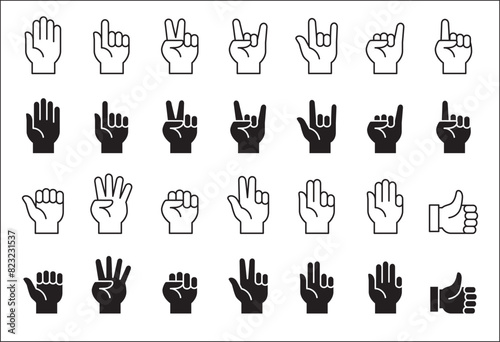 Hands gesture icon set. Hand finger signs set. Hands fingers symbol. included icons as palm, fist, bull, index, pinky, thumb up, counting and peace. Vector stock illustration in flat line style.