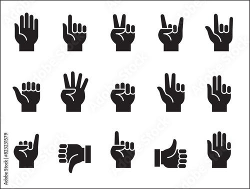 Hands gesture icon set. Hand finger signs set. Hands fingers symbol. included icons as palm, fist, bull, index, pinky, thumb up, counting and peace. Vector stock illustration in flat style.