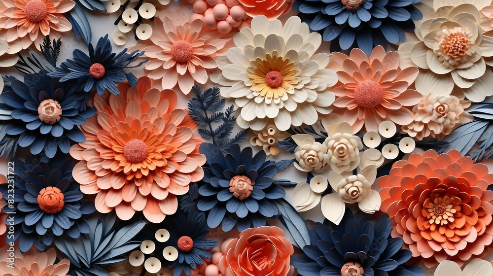 Seamless pattern featuring 3D Indigo and Coral Marigold florals, resembling a paper quill design.
Seamless pattern featuring 3D Indigo and Coral Marigold florals, resembling a paper quill design.