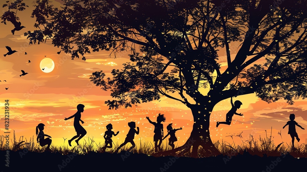 Illustrate a silhouette of children climbing a tree in a park