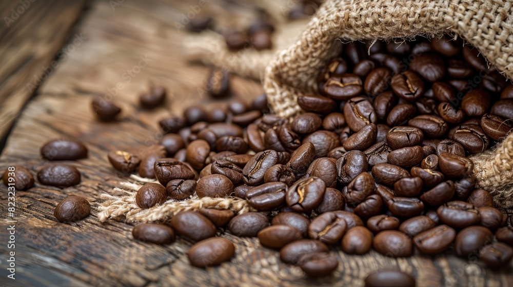 Fototapeta premium Freshly roasted coffee beans spilling out of a burlap sack onto a wooden surface
