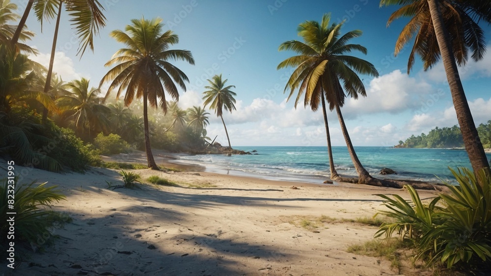 Fototapeta premium Beautiful scenic ocean beach view with palm tees and sandy shoreline. Tropical sea shore on a summer paradise island illustration. Holiday travel vacation wallpaper background header.