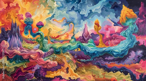 Surreal Vistas: Vibrant Abstract Landscape with Fluid Forms and Striking Color Contrasts
