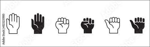 Hand fist icon set. Fist icon. Thumb hand fist sign. Palm hands icon. Vector stock illustration. Flat and line design style. Isolated on white background.