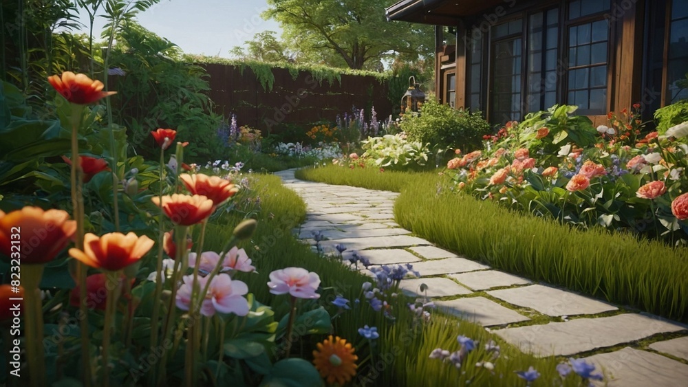 Obraz premium Beautiful spring summer garden full of colorful flowers with pathway and a country house. Lifestyle gardening wallapper illustration background.