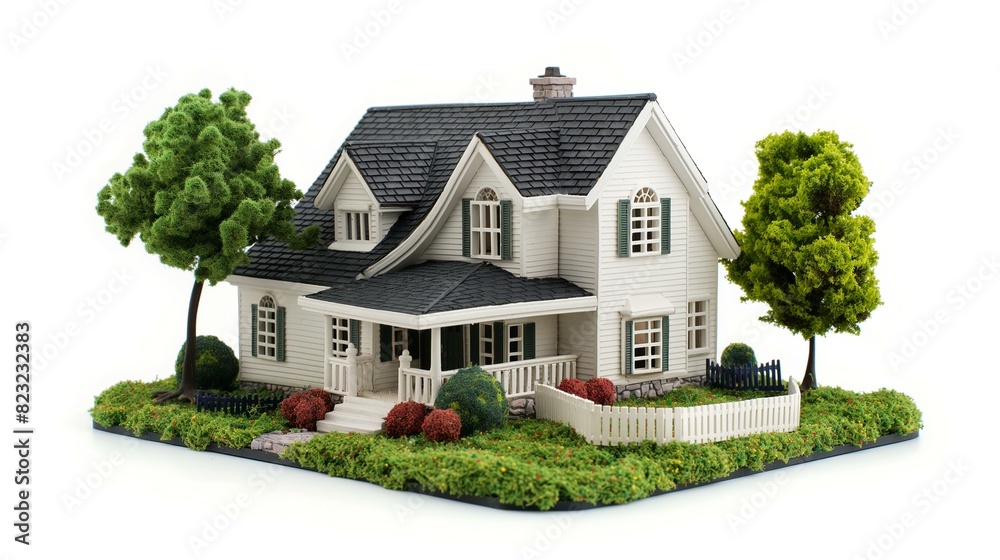 Beautiful Model House With Lush Garden and Trees Depicts Real Estate and Homeownership Concept Beautiful Model House With Lush Garden and Trees Depicts Real Estate and Homeownership Concept